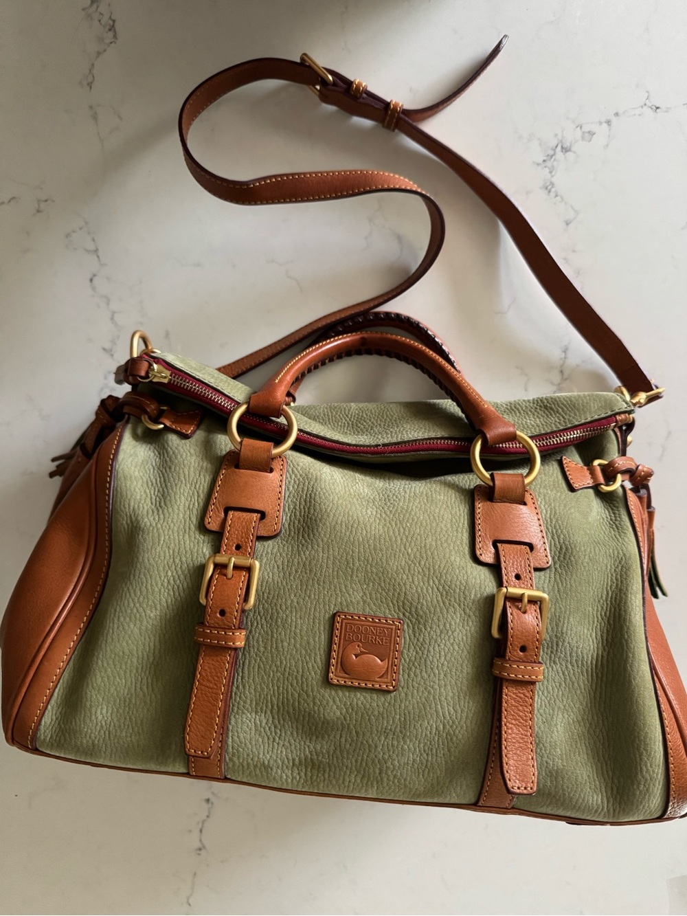 Dooney and Bourke Large Florentine Satchel green nubuck with tan leather trim